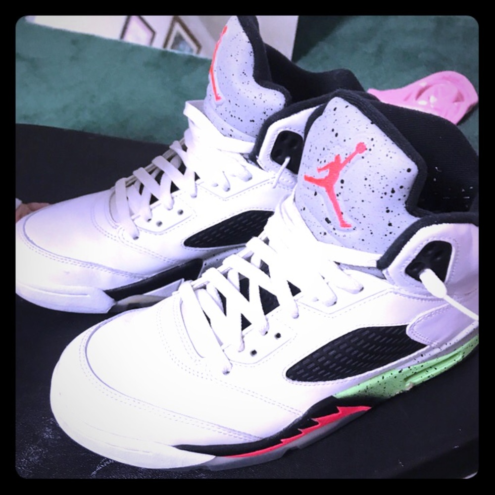 Jordan 5’s Retro, green/Orange/cement.  Men’s 9.5